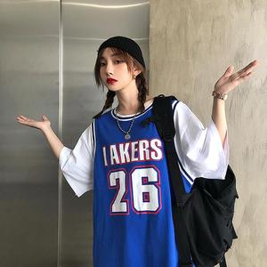 短袖T恤篮球服女夏季ins韩版bf风假两件球服宽松显瘦街头嘻哈上衣