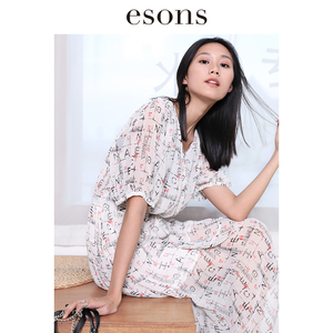 001人付款天猫esons/爱城市2022年新款女装浪漫网纱泡泡袖碎花连衣裙