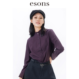 [esons]爱城市女装冬新款复古红宫廷风木耳边立领衬衫女