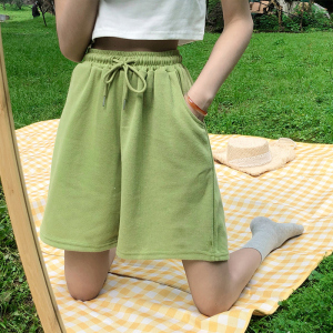 牛油果绿短裤高腰显瘦阔腿裤夏季抽绳休闲裤女宽松韩版运动裤子潮