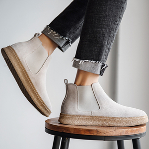 白色马丁靴男高帮夏季英伦磨砂真皮切尔西靴男透气薄款中帮烟筒靴