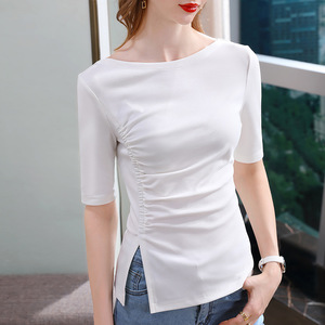中长袖瑜伽t恤女春夏紧身一字肩不规则开叉褶皱v领透气打底衫衣服