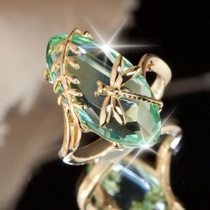 Youngwish热卖新款创意蜻蜓点水橄榄绿戒指 欧美镀18k黄金手指环