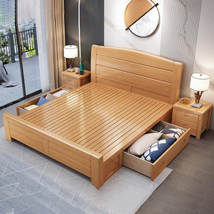 榉木实木床1.8米双人床1.5单人床主卧室原木高箱床12童床工厂直营
