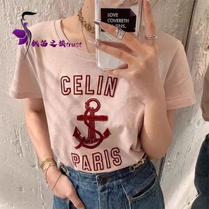 celine/赛琳 22春夏新款 船锚图案字母logo印花圆领短袖休闲t恤女