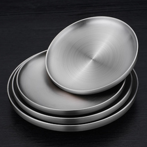 不锈钢盘子浅圆盘家用304食品级西餐平底双层防烫餐盘平盘菜碟子