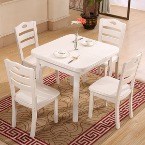 实木餐桌椅组合4人可伸缩白色正方形折叠餐桌橡木小户型饭桌方桌