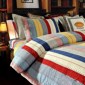 美式条纹纯棉绗缝被手工拼布刺绣三件套床盖空调被夏凉被床上用品