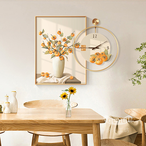 轻奢餐厅装饰画高档柿柿如意钟表挂钟组合壁画饭厅餐桌背景墙挂画
