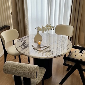 宝格丽餐桌家用实木小户型现代简约轻奢圆形大理石奶油风法式复古