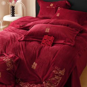 大红色喜被结婚冬款牛奶绒四件套加厚加绒珊瑚绒婚庆保暖床上用品