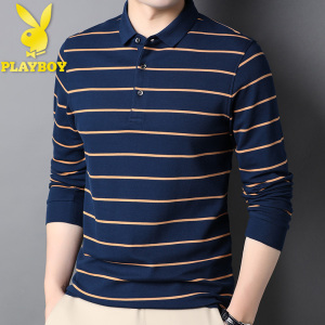 花花公子男士纯棉长袖t恤春秋季翻领条纹保罗上衣韩版打底polo衫