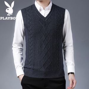 花花公子春秋毛衣马甲男士羊毛背心扭花无袖针织衫坎肩中年爸爸装