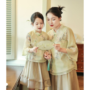 【仕女图】2024春新款3889女童女宝复古新中式汉服两件套套装