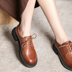 英伦风系带小皮鞋女2022春秋季新款真皮软底单鞋黑色休闲工装女鞋