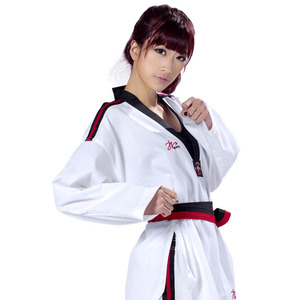 跆峰正品 跆拳道服 专利抗菌红黑杠条纹儿童成人款 长袖男女道服