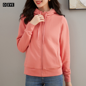 加绒卫衣女开衫秋冬运动休闲仿羊羔绒粉橘色连帽拉链加厚保暖外套