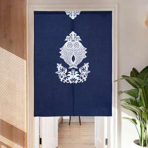 帛彩堂蓝色棉麻布艺门帘卧室半帘隔断帘挂帘厨房帘子中式中国风