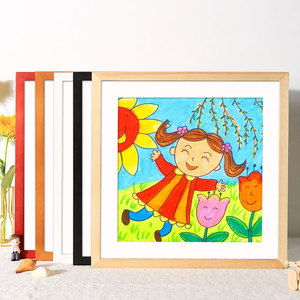 正方形儿童画框挂墙装裱16寸原木相框简约美术绘画手工作品框架33
