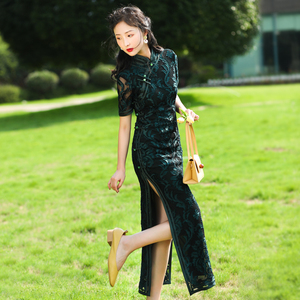 墨绿色蕾丝旗袍2022年春夏新款年轻款少女复古优雅气质长款连衣裙