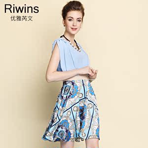 Riwins 夏装新款女装 赫本气质修身…颜色分类蓝色印花,