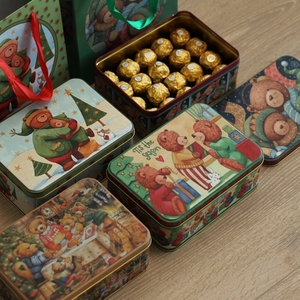 12个包邮圣诞可爱小熊大号长方形铁皮礼品盒子 翻糖饼干包装铁盒