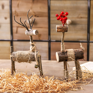 北欧创意原木手工麻绳复古麋鹿小鹿动物装饰摆件礼物桌面家居装饰
