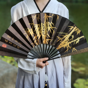 古风扇子折扇男士中国风国风国潮夏季古装汉服配饰黑色绢布竹扇