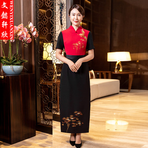中式礼仪服装女宴会前台迎宾工作服短袖红色酒店餐饮接待旗袍夏装