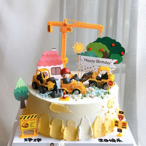 儿童生日蛋糕装饰摆件挖掘机男孩推土机工程车玩具路标路障红绿灯