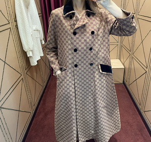 正品代购gucci古奇21秋冬新款双g提花双排扣中长款风衣百褶大衣女