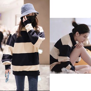 张小斐江疏影同款条纹卫衣宽松polo领情侣装oversize小众明星上衣