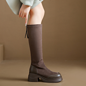 韩版时装靴女加绒2023冬季新款绒面不掉筒圆头粗跟防水台厚底长靴