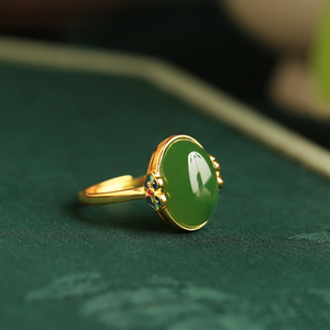 天然和田玉碧玉纯银珐琅如意戒指女新中式国风金镶玉绿色宝石玉石