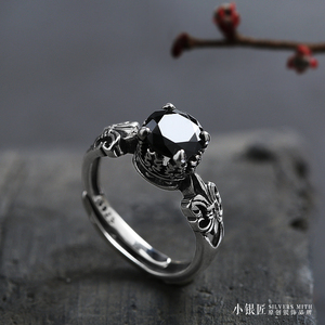 925纯银戒指 天然黑玛瑙皇冠开口戒子男女款时尚潮人个性复古指环