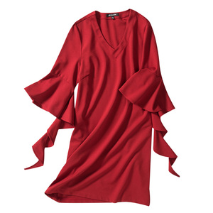 纤麦大码女装春秋季新款胖mm气质红色v领连衣裙修身显瘦裙子