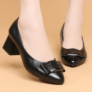 黑色职业方口女鞋高跟软面小皮鞋时尚女装品牌工作单鞋中年妈妈鞋