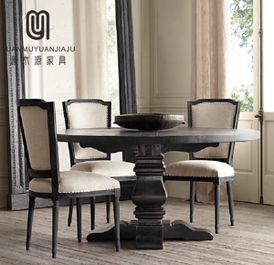 美式乡村实木餐桌椅组合北欧客厅法式圆餐桌欧式仿古做旧家具圆桌