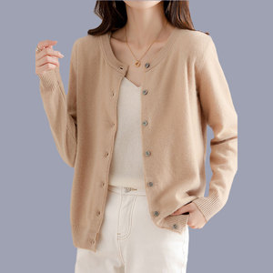 秋季新款圆领针织开衫女宽松大码薄款毛衣外套纯色外搭羊毛打底衫