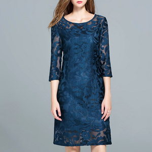 欧美出口高端大码女装长袖蓝色欧根纱重工蕾丝连衣裙2024春季新款