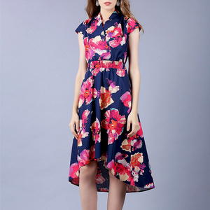 高端棉府绸大花裙子大码v领短袖印花人造棉绸连衣裙夏季女装绵绸