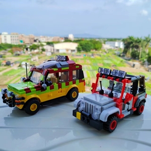 珠罗纪系列积木旅游车兼容某高公园MOC恐龙玩具摆件模型吉普车