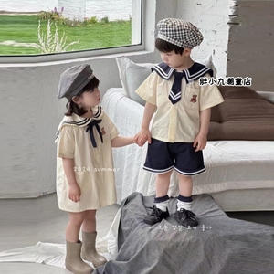 夏男女儿童海军学院风短袖短裤连衣裙套装宝宝幼儿园演出校服园服