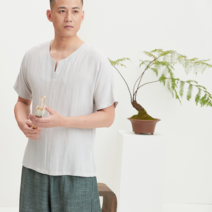 慈缘夏季新款棉麻v领休闲清凉透气男士短袖上衣居士服休闲装男款