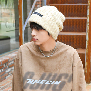 帽子男冬季保暖白色毛线帽加厚针织帽男大头围冷帽学生ins潮棉帽