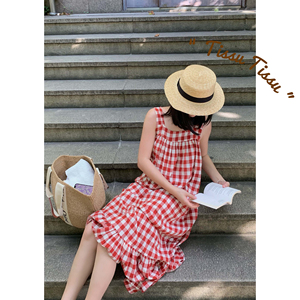 tissutissu"cloris" 法式红格纹麻棉吊带连衣裙