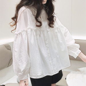 韩国新款棉麻娃娃衫长袖白色衬衫宽松花边圆领蓬蓬遮肚子上衣秋