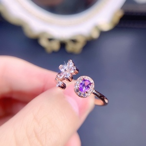 新款天然紫水晶戒指925银镀玫瑰金开口可调节 主石尺寸3*4M M