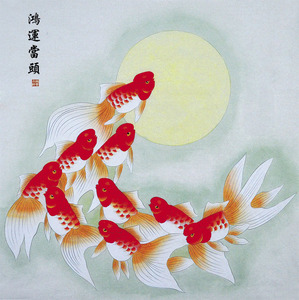 富贵挂像招财贴画挂画装饰画瓷砖画九如鱼红金鱼鸿运当头金玉满堂