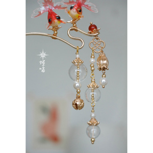 玛瑙金鱼铃铛流苏锦鲤发簪子 原创设计汉服少女配饰